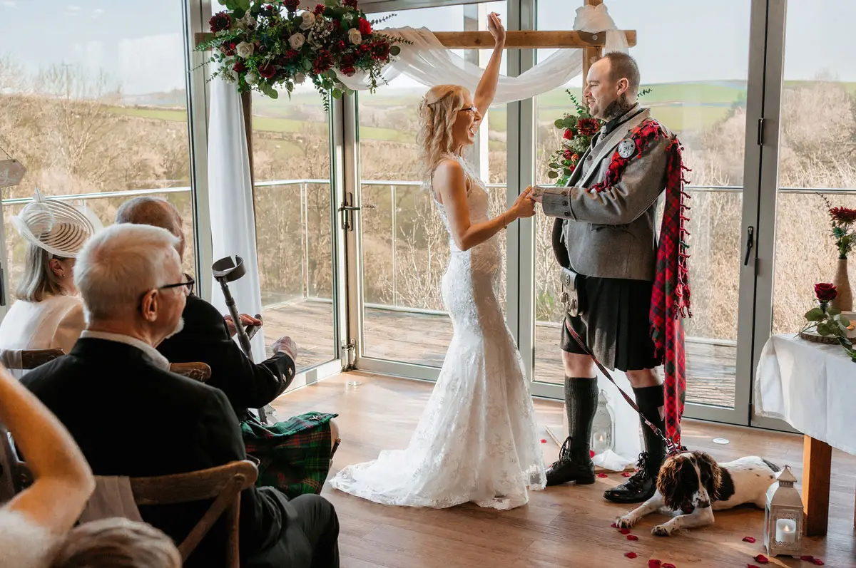 Dog joining wedding ceremony at Tree Top Escape, North Devon